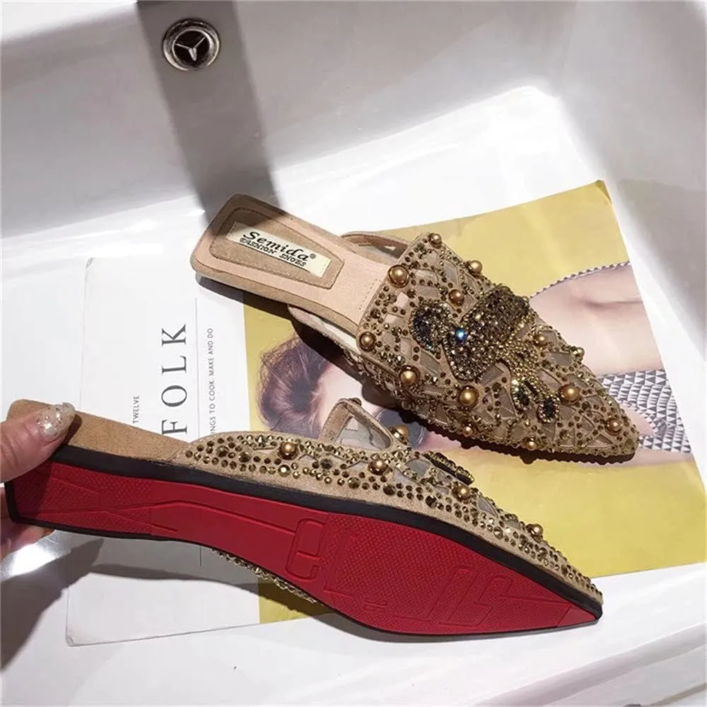 Flat Mules for Women Pointed-Toe Mules Slides Bohemian Rivet Beads Slip-on Loafers Slippers Lady Dress Sandals