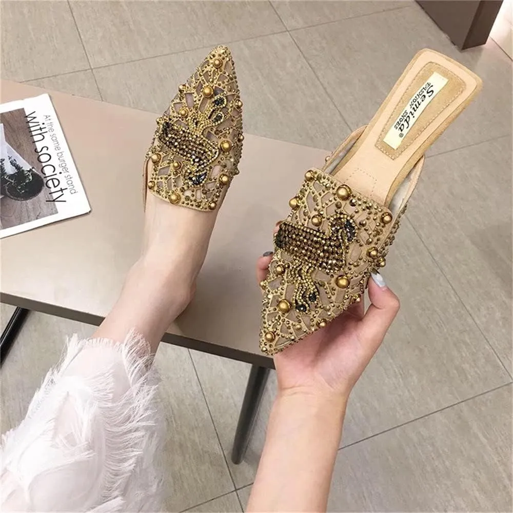 Flat Mules for Women Pointed-Toe Mules Slides Bohemian Rivet Beads Slip-on Loafers Slippers Lady Dress Sandals