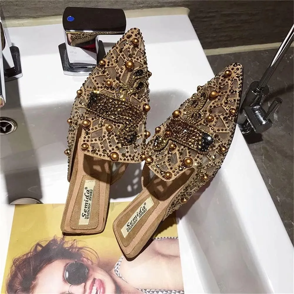 Flat Mules for Women Pointed-Toe Mules Slides Bohemian Rivet Beads Slip-on Loafers Slippers Lady Dress Sandals