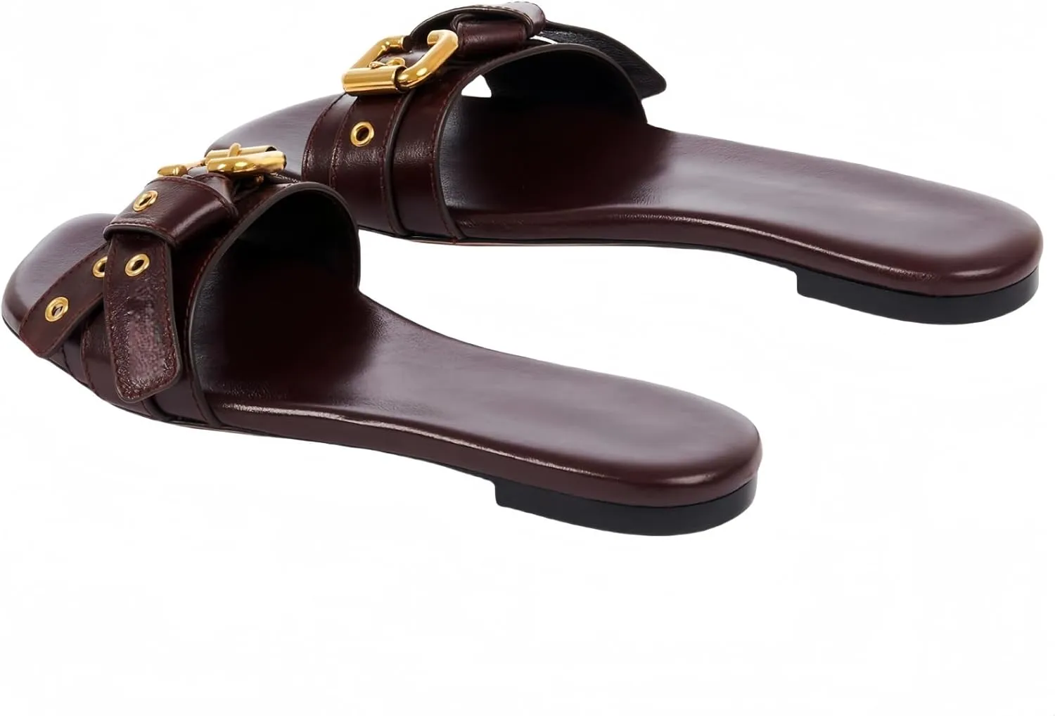Flats Sandals for Women Open Square Toe Low Heel Slides Buckled Slip on Slippers Leather Comfortable Casual Summer Beach Shoes