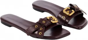 Flats Sandals for Women Open Square Toe Low Heel Slides Buckled Slip on Slippers Leather Comfortable Casual Summer Beach Shoes