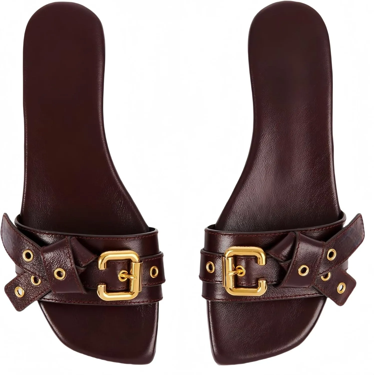 Flats Sandals for Women Open Square Toe Low Heel Slides Buckled Slip on Slippers Leather Comfortable Casual Summer Beach Shoes