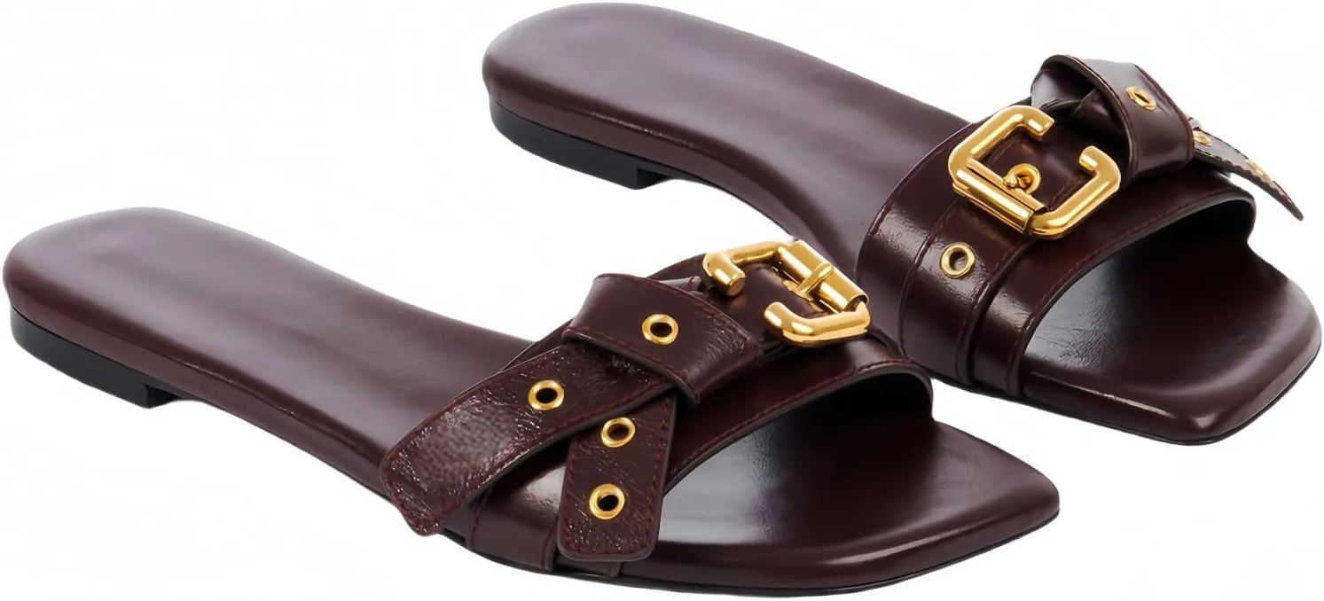 Flats Sandals for Women Open Square Toe Low Heel Slides Buckled Slip on Slippers Leather Comfortable Casual Summer Beach Shoes