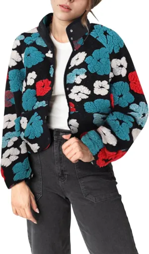 Floral Fleece Jacket Button Down Shacket Casual Sherpa Coats Warm Outwear