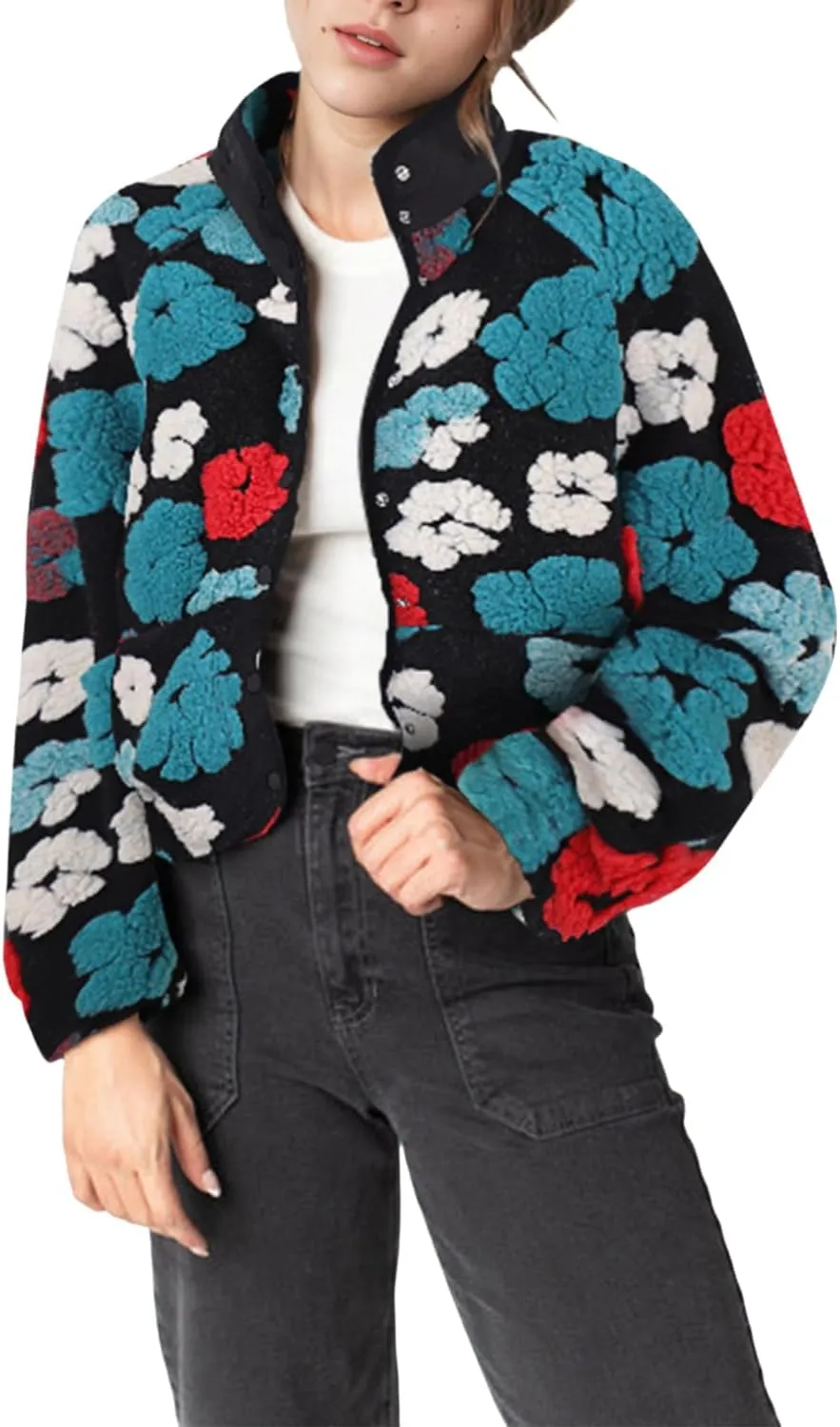 Floral Fleece Jacket Button Down Shacket Casual Sherpa Coats Warm Outwear