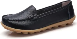 FolHaoth Womens Leather Loafers Comfortable Slip On Flats Casual Shoes Round Toe Moccasins Wild Walking Nurse Breathable Driving Fashion Soft Shoes