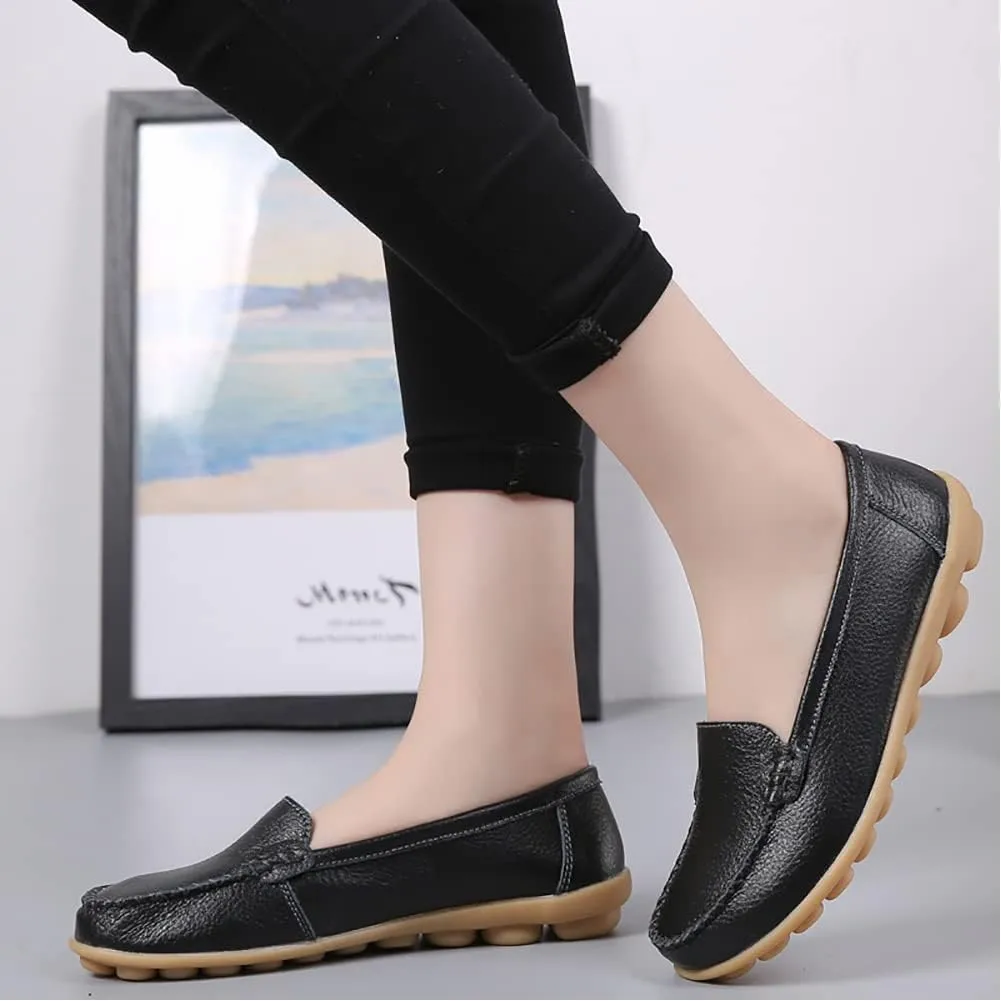 FolHaoth Womens Leather Loafers Comfortable Slip On Flats Casual Shoes Round Toe Moccasins Wild Walking Nurse Breathable Driving Fashion Soft Shoes