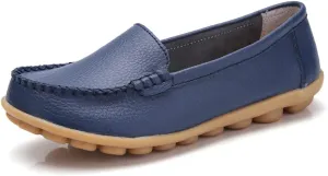 FolHaoth Womens Leather Loafers Comfortable Slip On Flats Casual Shoes Round Toe Moccasins Wild Walking Nurse Breathable Driving Fashion Soft Shoes