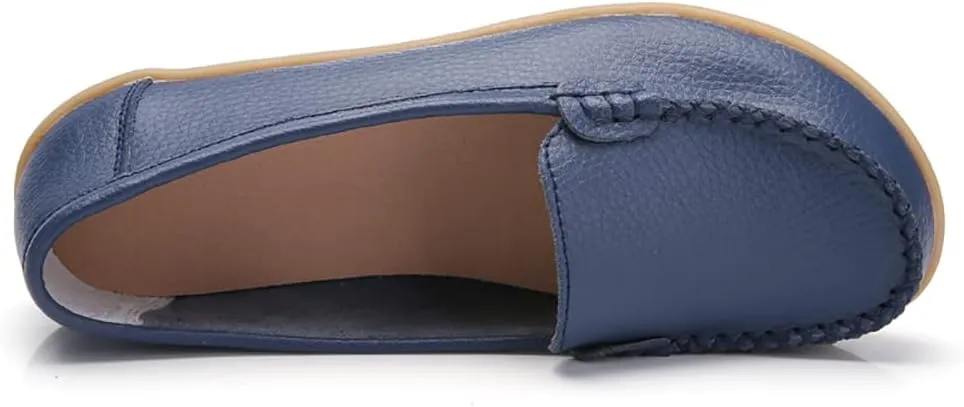 FolHaoth Womens Leather Loafers Comfortable Slip On Flats Casual Shoes Round Toe Moccasins Wild Walking Nurse Breathable Driving Fashion Soft Shoes