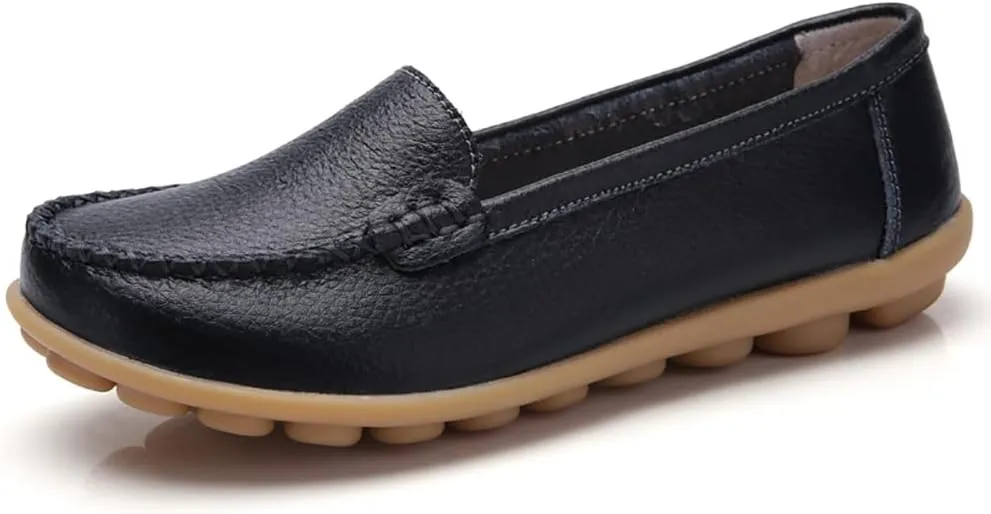 FolHaoth Womens Leather Loafers Comfortable Slip On Flats Casual Shoes Round Toe Moccasins Wild Walking Nurse Breathable Driving Fashion Soft Shoes