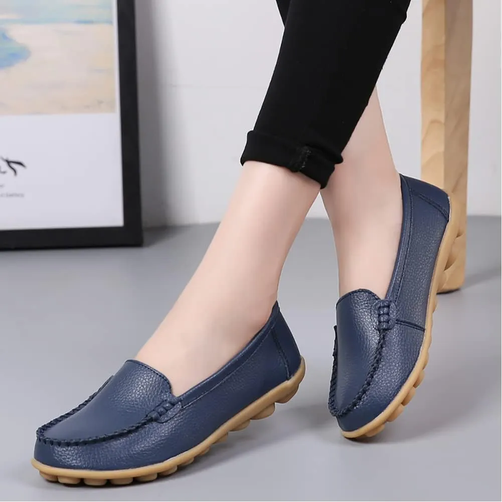 FolHaoth Womens Leather Loafers Comfortable Slip On Flats Casual Shoes Round Toe Moccasins Wild Walking Nurse Breathable Driving Fashion Soft Shoes