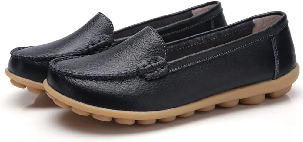 FolHaoth Womens Leather Loafers Comfortable Slip On Flats Casual Shoes Round Toe Moccasins Wild Walking Nurse Breathable Driving Fashion Soft Shoes