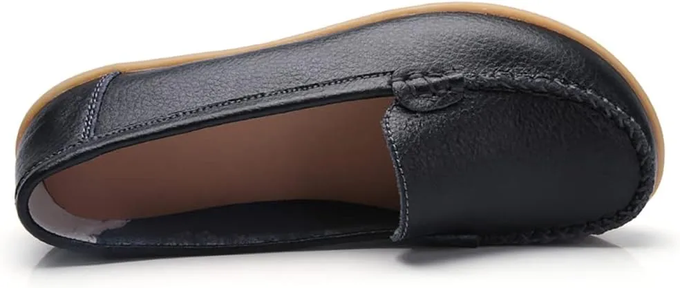 FolHaoth Womens Leather Loafers Comfortable Slip On Flats Casual Shoes Round Toe Moccasins Wild Walking Nurse Breathable Driving Fashion Soft Shoes