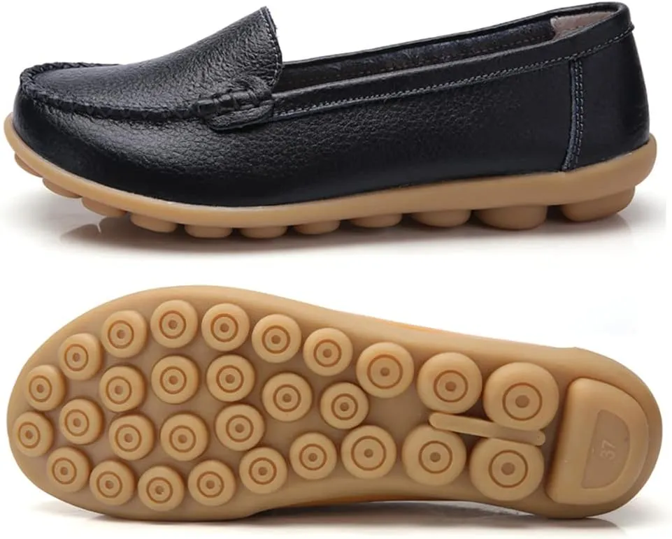 FolHaoth Womens Leather Loafers Comfortable Slip On Flats Casual Shoes Round Toe Moccasins Wild Walking Nurse Breathable Driving Fashion Soft Shoes