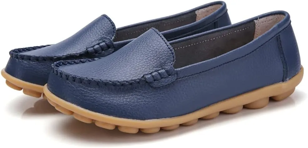 FolHaoth Womens Leather Loafers Comfortable Slip On Flats Casual Shoes Round Toe Moccasins Wild Walking Nurse Breathable Driving Fashion Soft Shoes