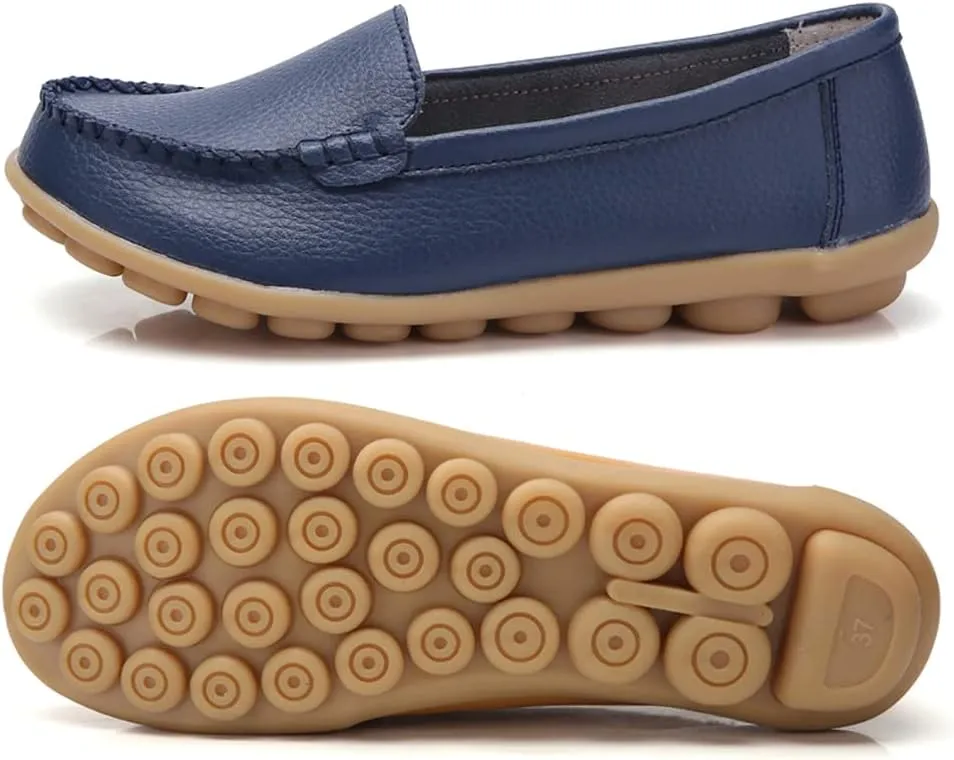 FolHaoth Womens Leather Loafers Comfortable Slip On Flats Casual Shoes Round Toe Moccasins Wild Walking Nurse Breathable Driving Fashion Soft Shoes