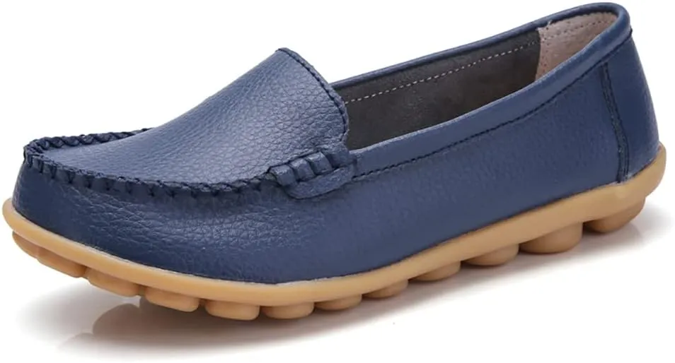 FolHaoth Womens Leather Loafers Comfortable Slip On Flats Casual Shoes Round Toe Moccasins Wild Walking Nurse Breathable Driving Fashion Soft Shoes