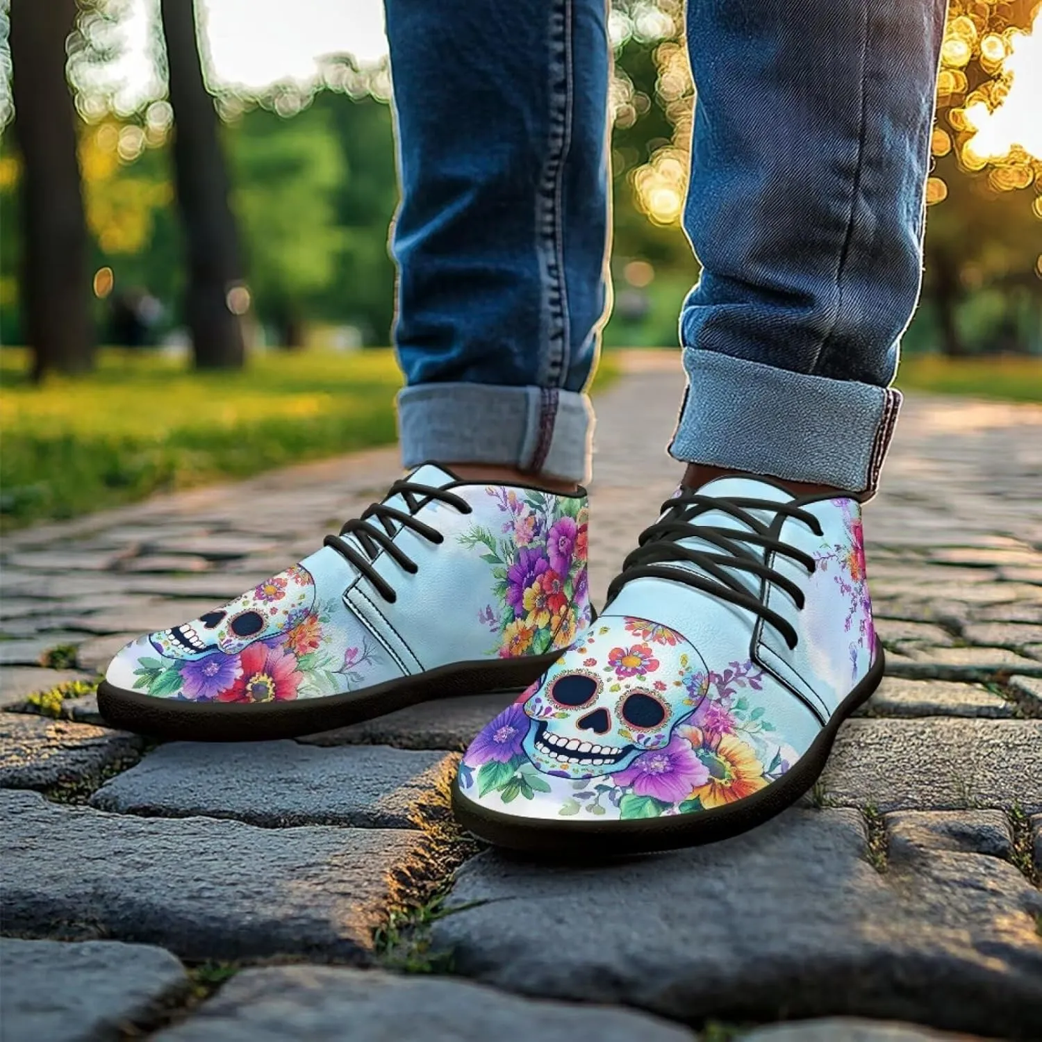 Forchrinse Blood Skull Mens Boots Fashion Sneakers Leather Mid Top Ankle Boots Lace up Walking Driving Shoes with Eva Sole