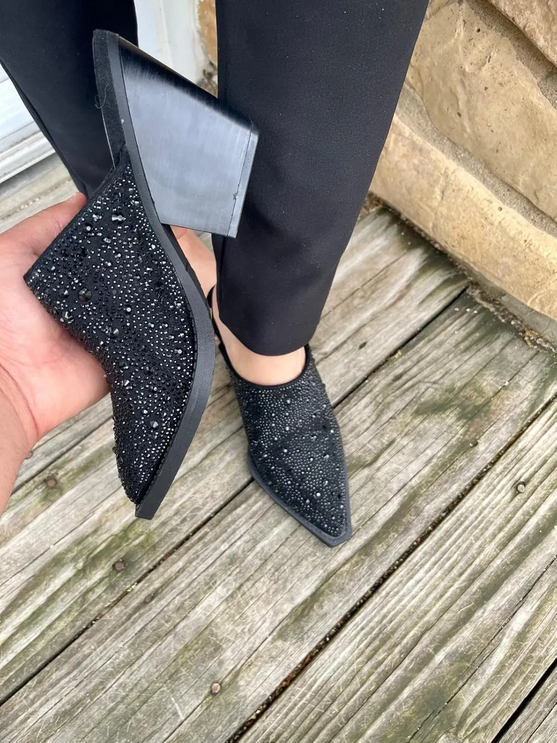 Forever Women Pointed Toe Rhinestone Slip on Mules Chunky Heel Sandals