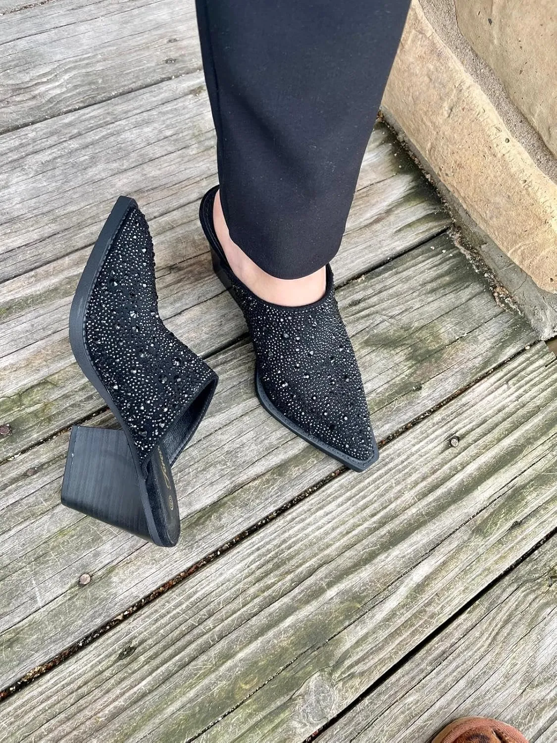 Forever Women Pointed Toe Rhinestone Slip on Mules Chunky Heel Sandals
