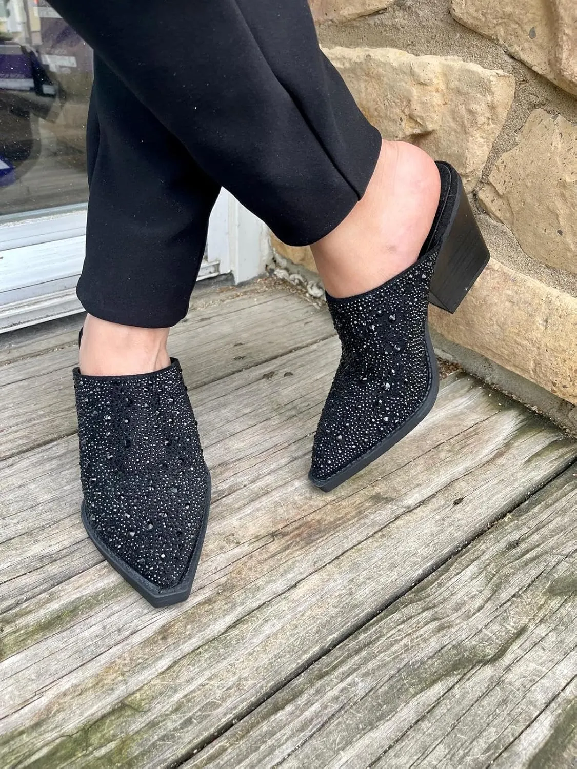 Forever Women Pointed Toe Rhinestone Slip on Mules Chunky Heel Sandals