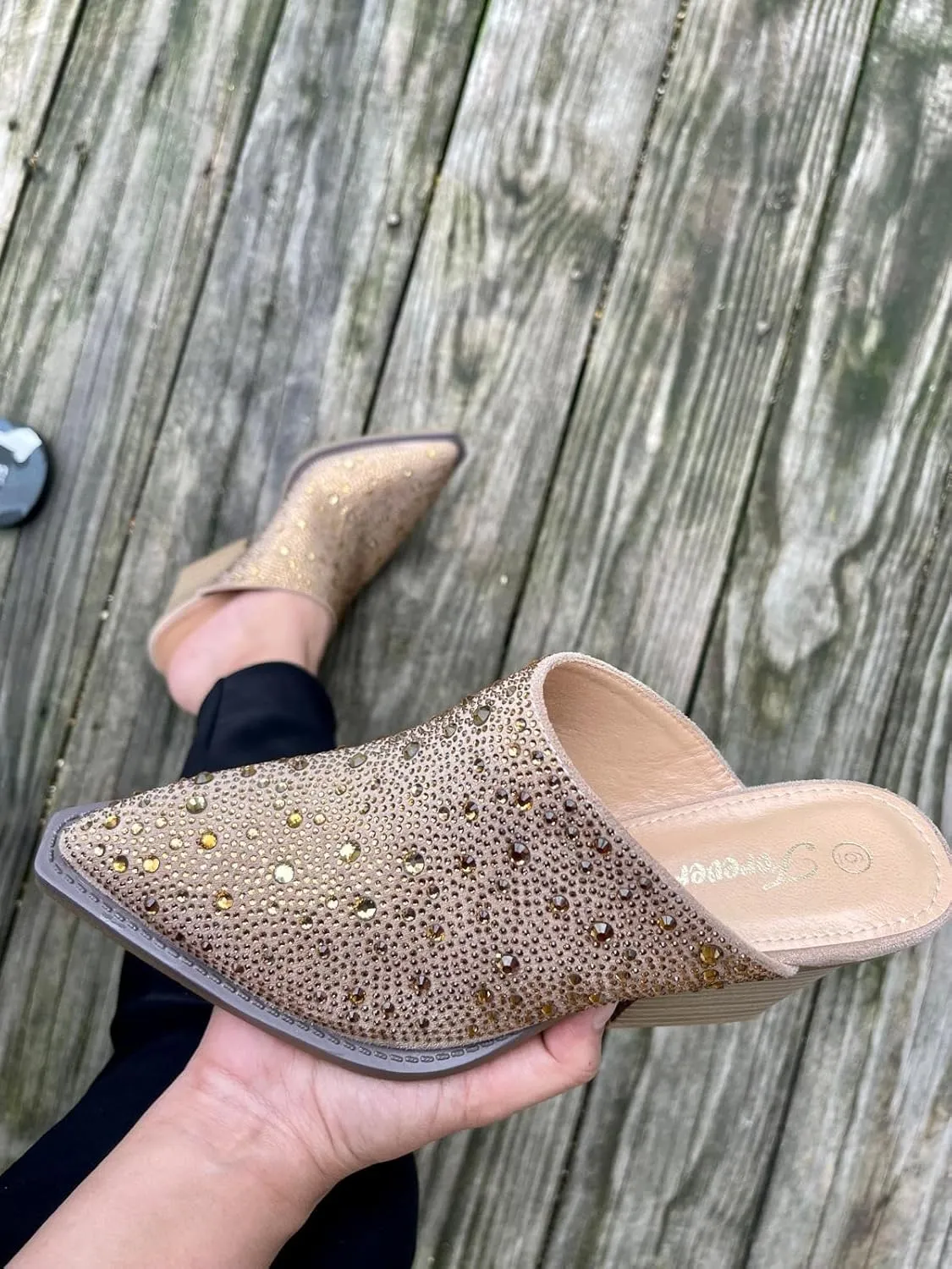 Forever Women Pointed Toe Rhinestone Slip on Mules Chunky Heel Sandals