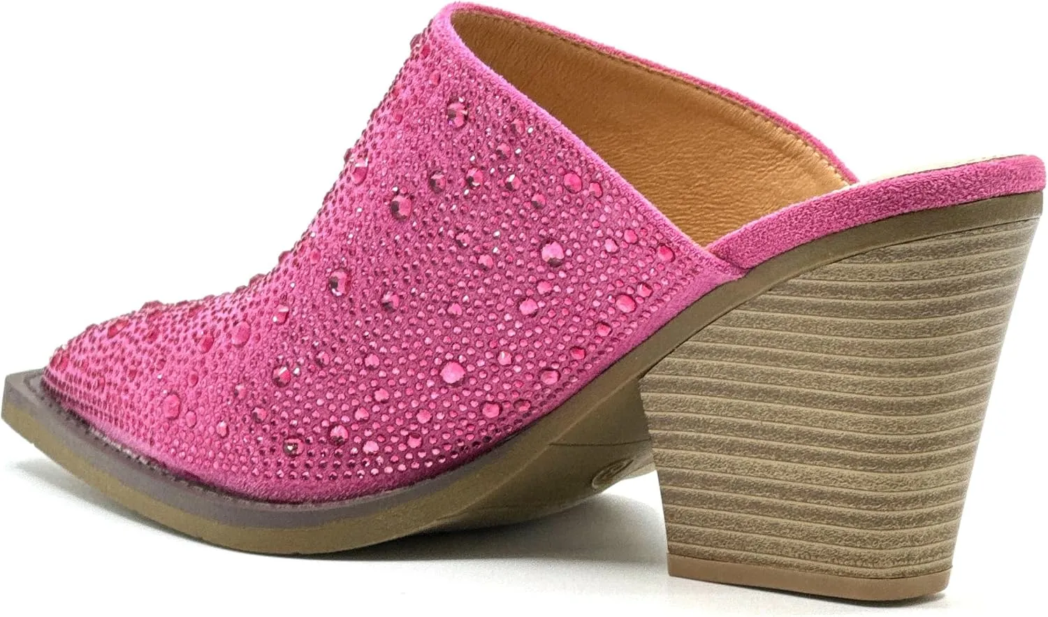 Forever Women Pointed Toe Rhinestone Slip on Mules Chunky Heel Sandals