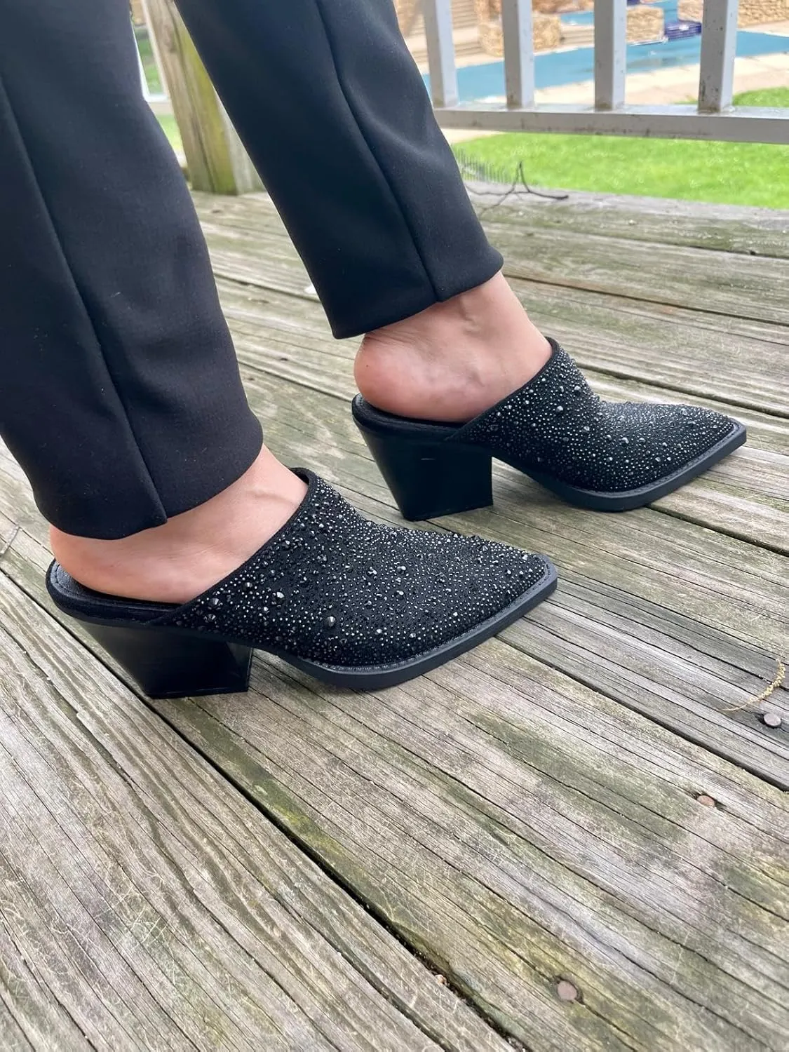 Forever Women Pointed Toe Rhinestone Slip on Mules Chunky Heel Sandals