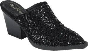 Forever Women Pointed Toe Rhinestone Slip on Mules Chunky Heel Sandals