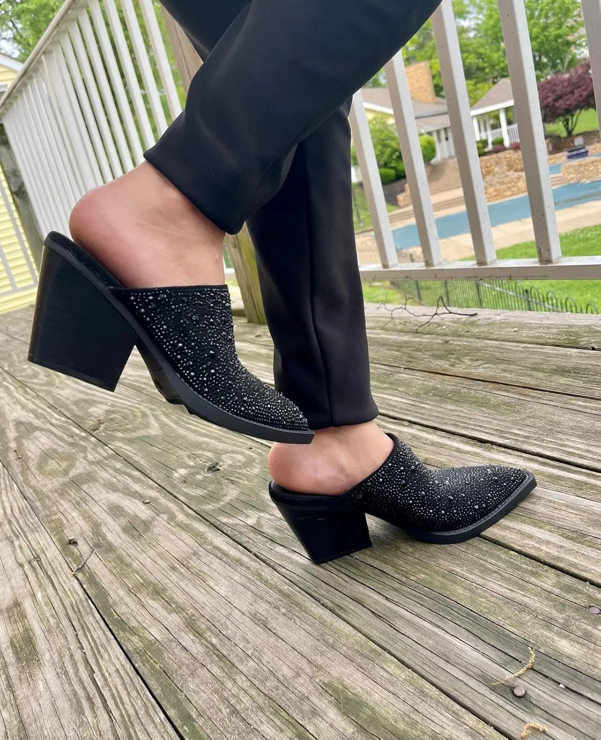 Forever Women Pointed Toe Rhinestone Slip on Mules Chunky Heel Sandals
