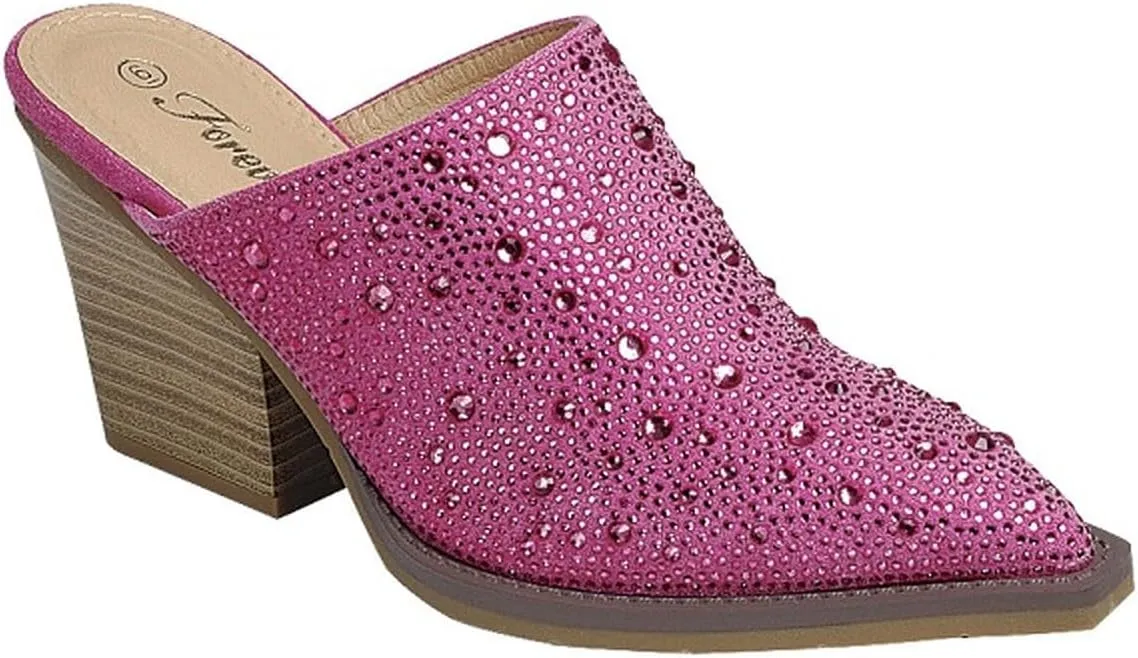 Forever Women Pointed Toe Rhinestone Slip on Mules Chunky Heel Sandals