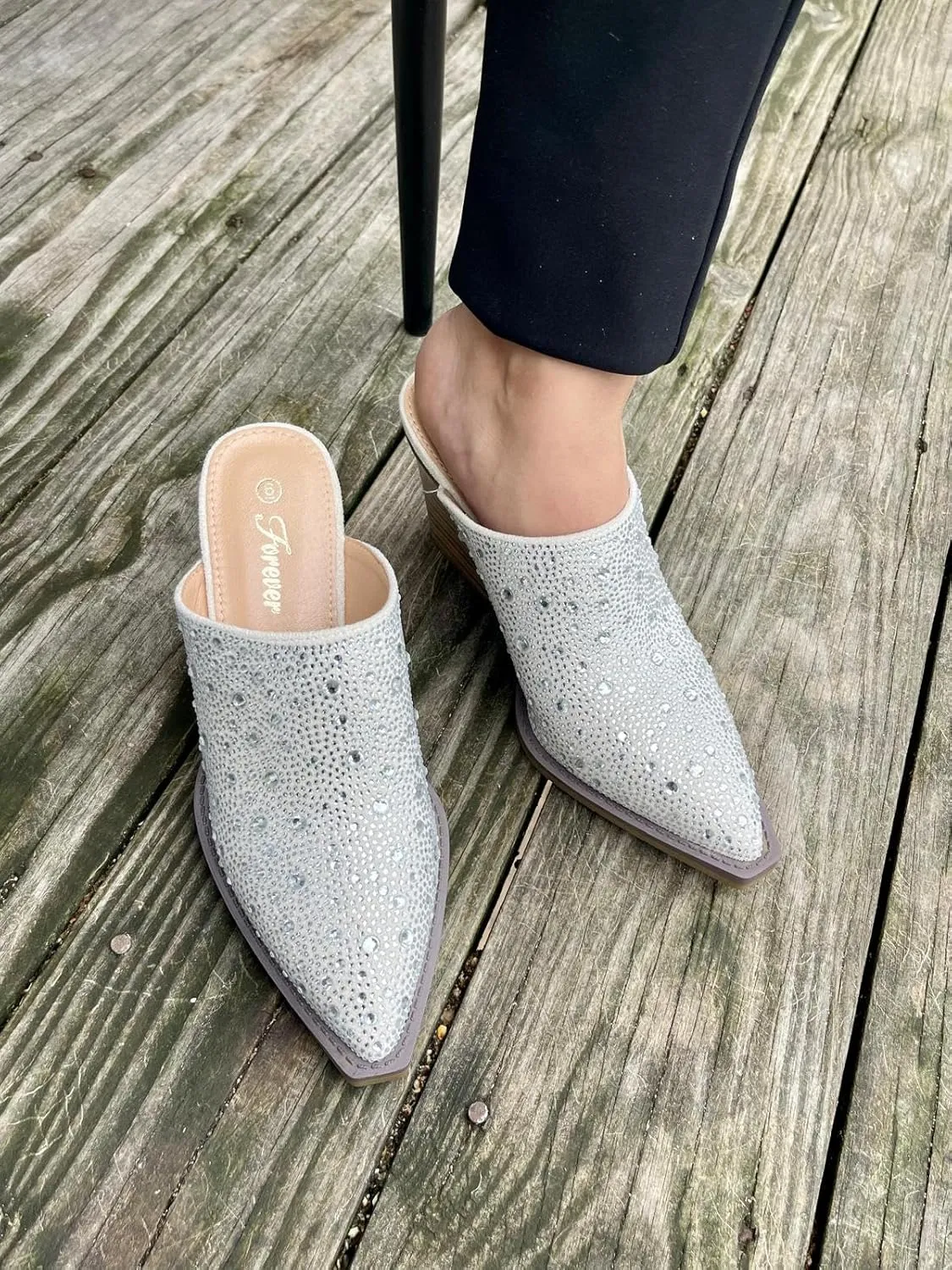 Forever Women Pointed Toe Rhinestone Slip on Mules Chunky Heel Sandals