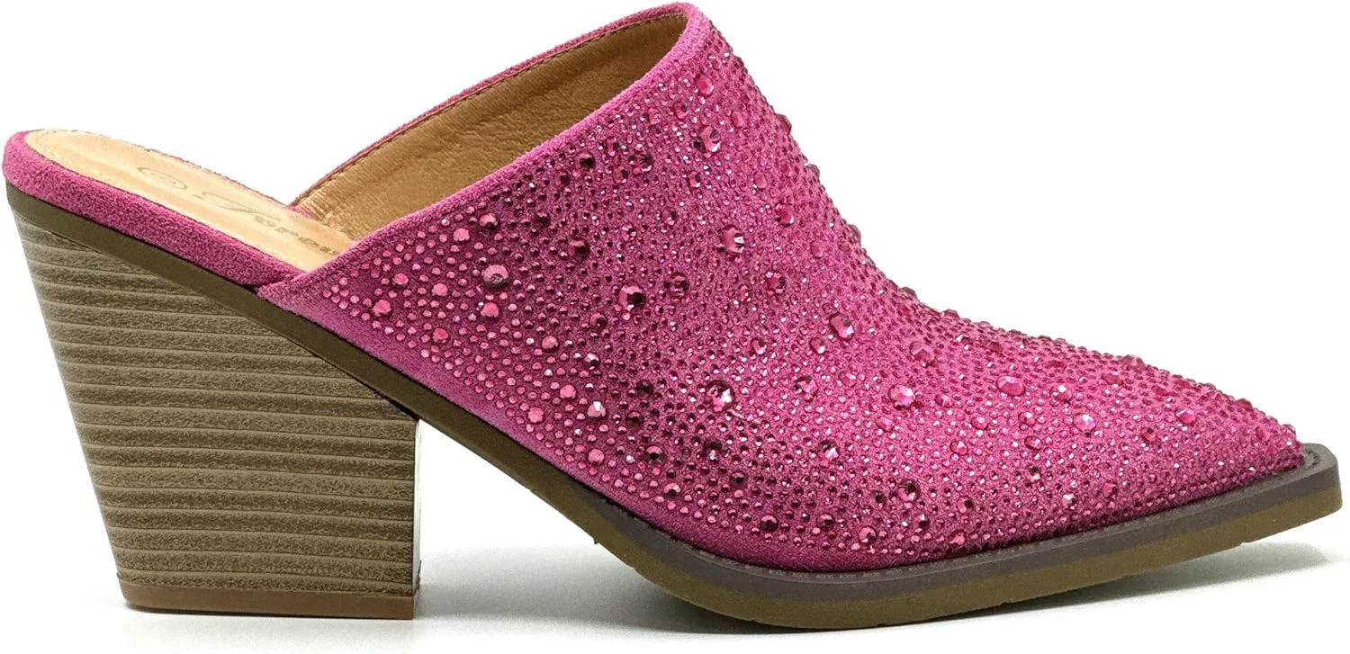 Forever Women Pointed Toe Rhinestone Slip on Mules Chunky Heel Sandals