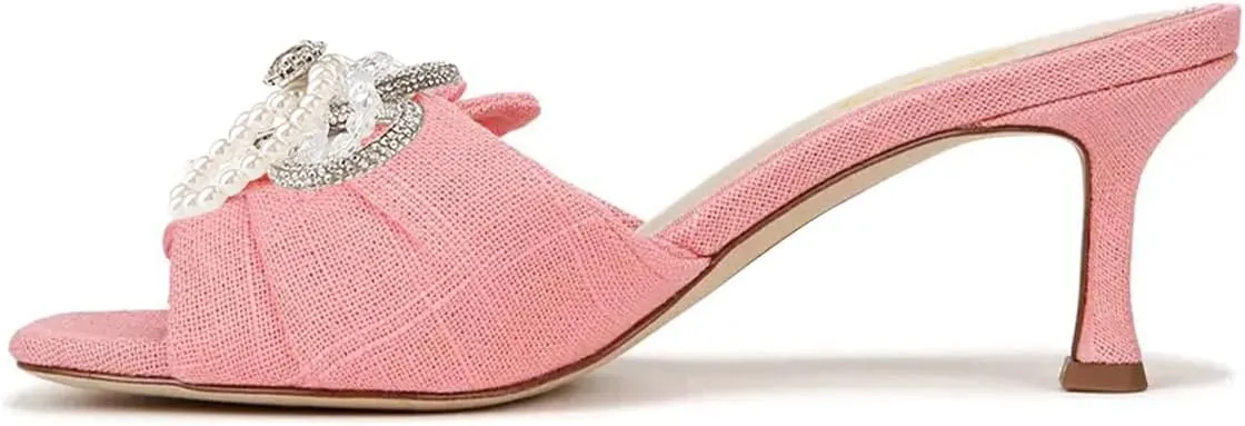 FOWT Women Graceful Pearl Bowknot Open Toe Slip On Slide Sandals Comfortable Low Heel Summer Party Casual Slippers Size 4-16 US