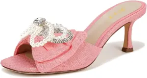 FOWT Women Graceful Pearl Bowknot Open Toe Slip On Slide Sandals Comfortable Low Heel Summer Party Casual Slippers Size 4-16 US