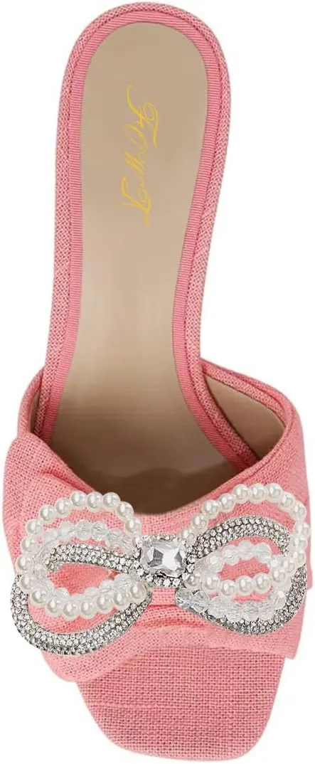 FOWT Women Graceful Pearl Bowknot Open Toe Slip On Slide Sandals Comfortable Low Heel Summer Party Casual Slippers Size 4-16 US