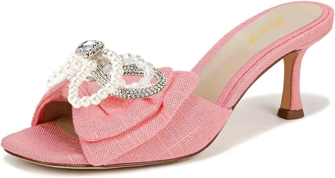 FOWT Women Graceful Pearl Bowknot Open Toe Slip On Slide Sandals Comfortable Low Heel Summer Party Casual Slippers Size 4-16 US