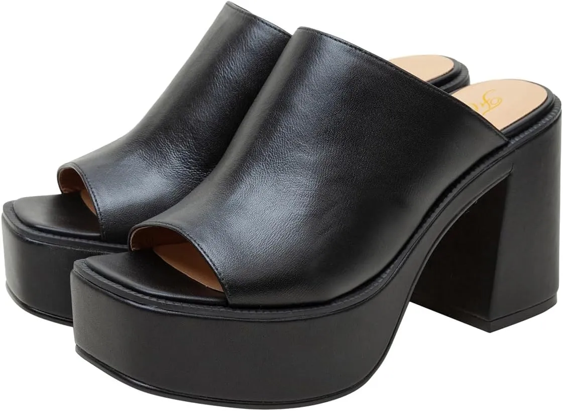 FOWT Women Open Toe Block High Heel Platform Mules Slip On Fashion Party Evening Dressy Slipper Shoes Size 4-16 US