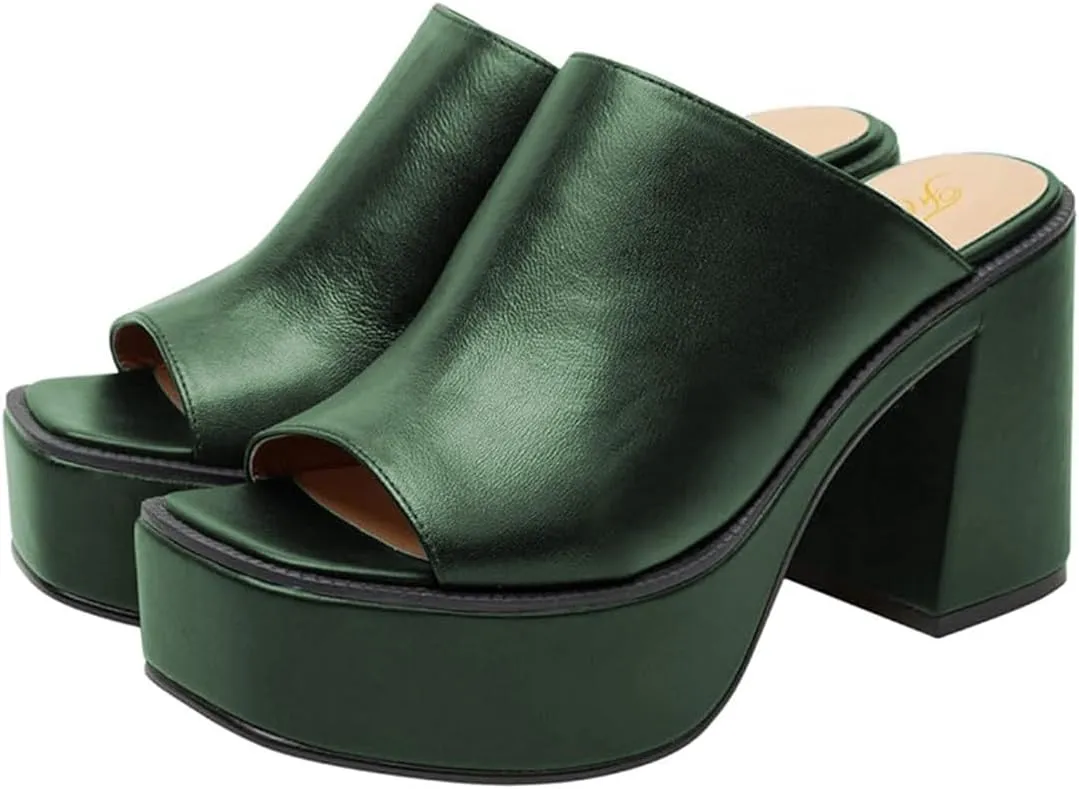 FOWT Women Open Toe Block High Heel Platform Mules Slip On Fashion Party Evening Dressy Slipper Shoes Size 4-16 US