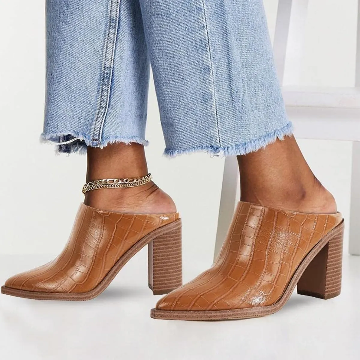 FOWT Women Pointed Toe Slip On Mules Stacked Block High Heel Sandal Comfortable Daily Party Nightclub Proms Shoes Size 4-16 US