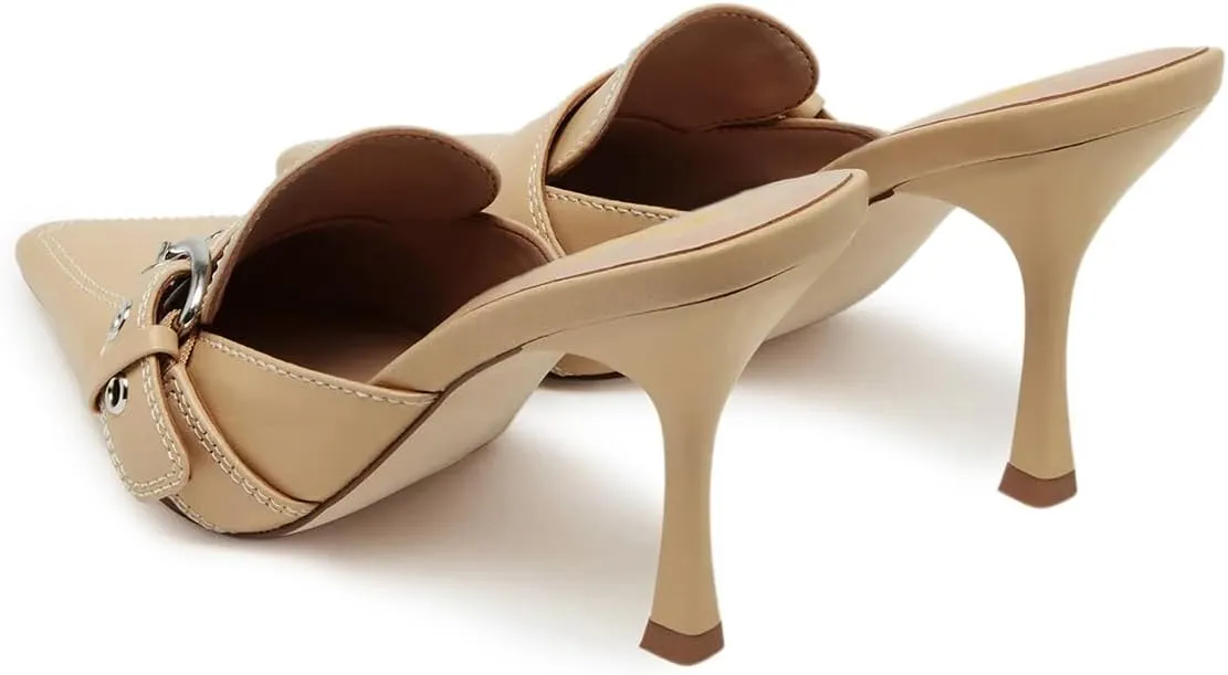 FOWT Women Stylish Closed Pointed Toe Strap Buckle Mules Thin High Heel Slip on Summer Party Dating Dressy Slide Sandals Size 4-16 US