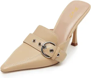 FOWT Women Stylish Closed Pointed Toe Strap Buckle Mules Thin High Heel Slip on Summer Party Dating Dressy Slide Sandals Size 4-16 US