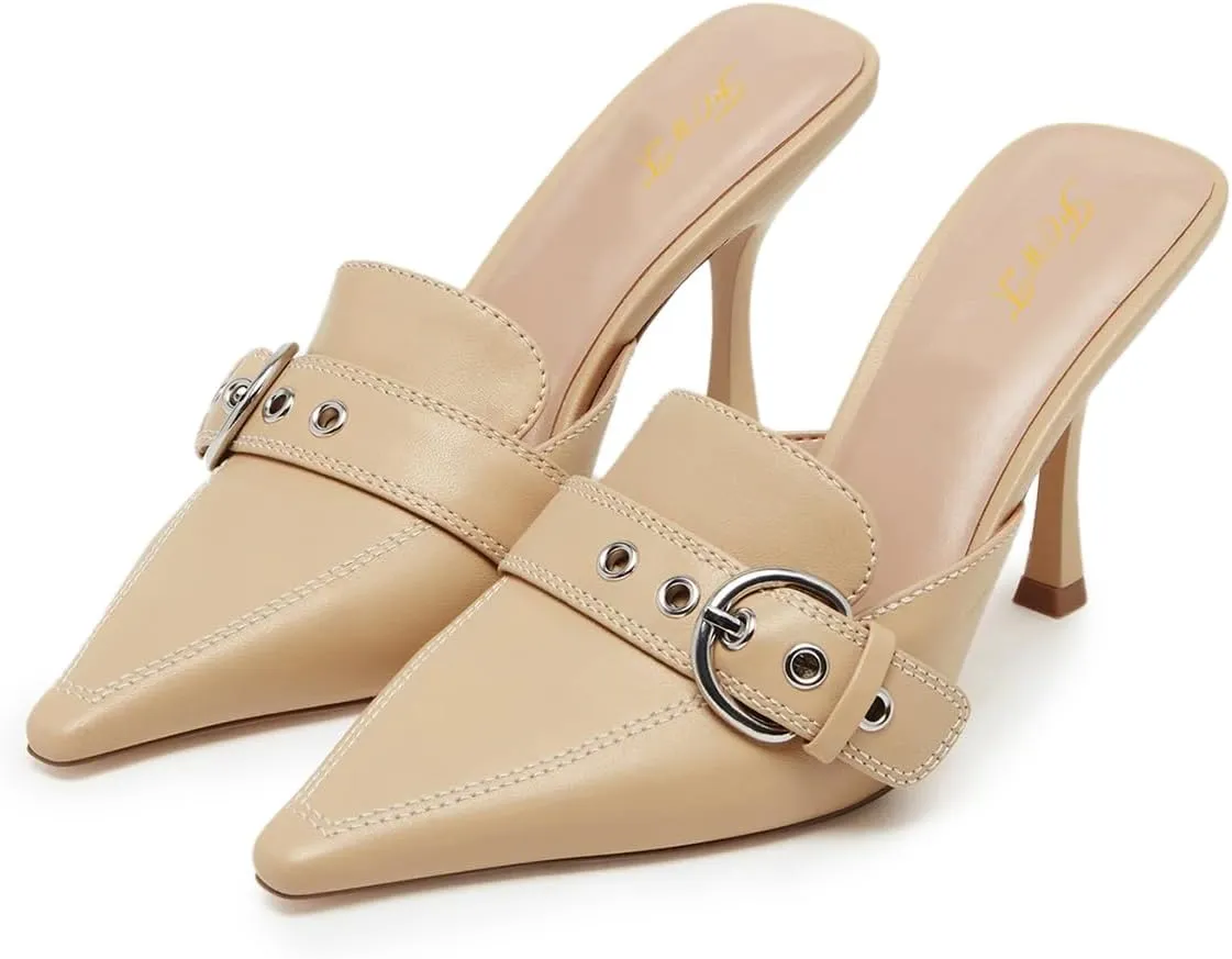 FOWT Women Stylish Closed Pointed Toe Strap Buckle Mules Thin High Heel Slip on Summer Party Dating Dressy Slide Sandals Size 4-16 US
