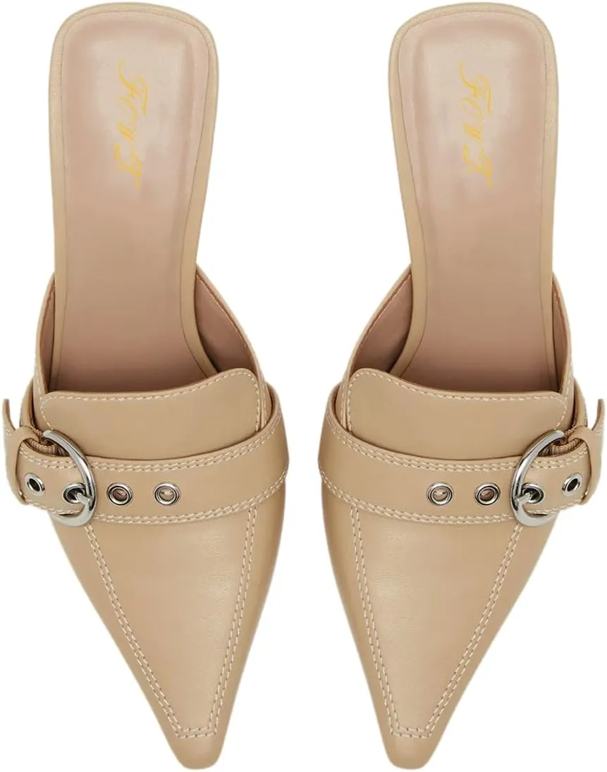 FOWT Women Stylish Closed Pointed Toe Strap Buckle Mules Thin High Heel Slip on Summer Party Dating Dressy Slide Sandals Size 4-16 US