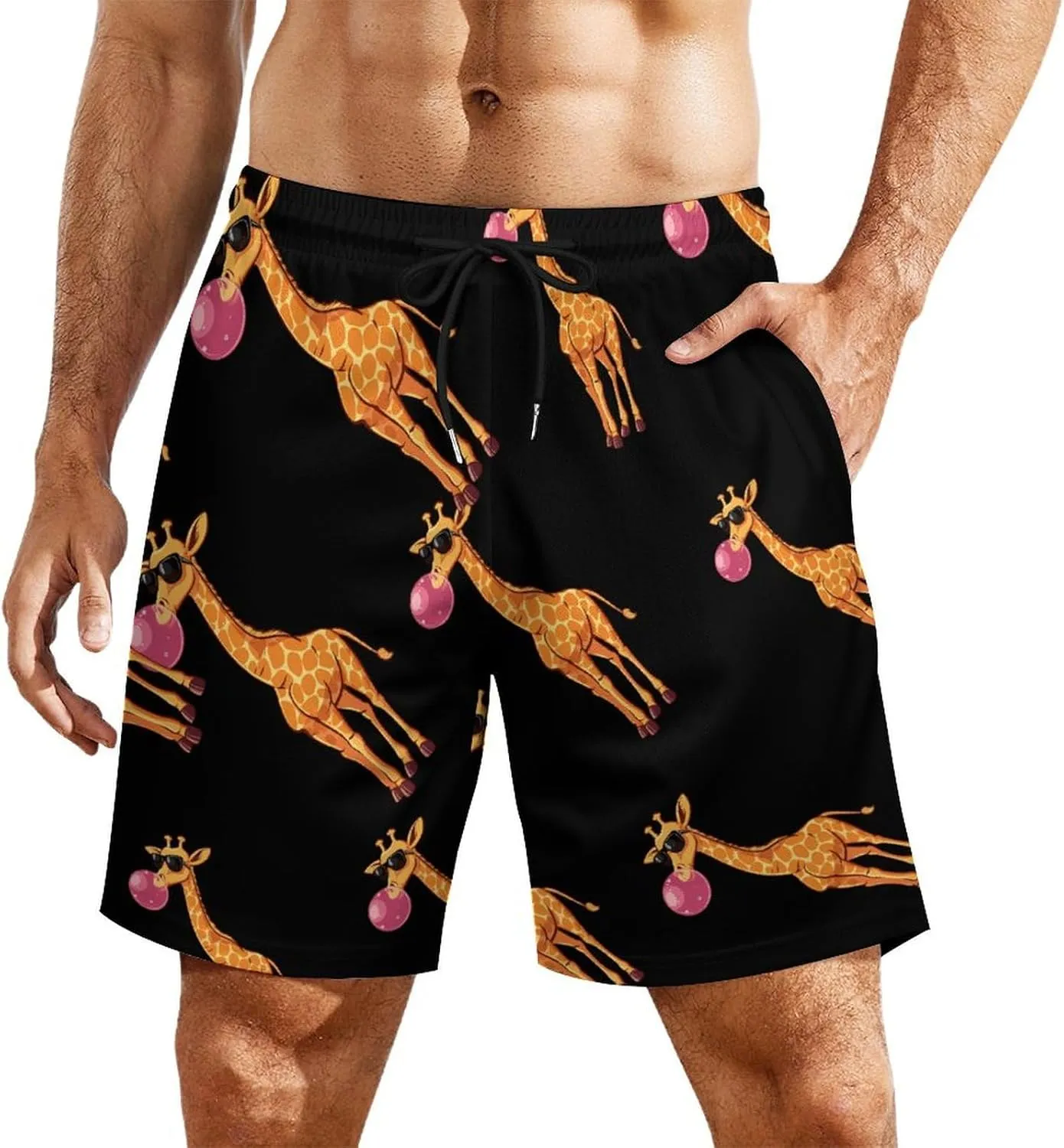 Funny Blowing Bubble Gum Giraffe Men's Swim Trunks Quick Dry Board Shorts Swimwear Beach Shorts with Compression Liner