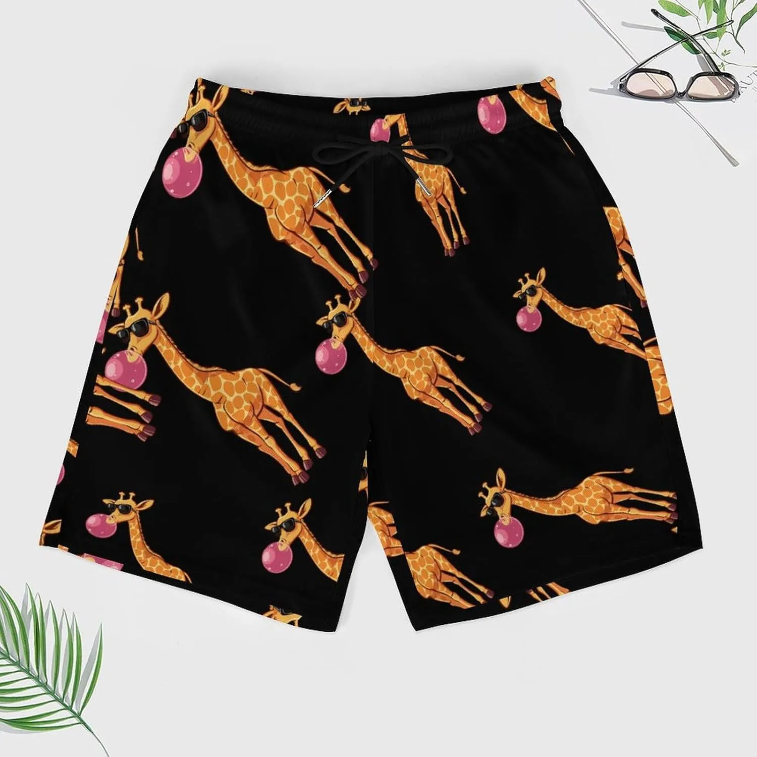 Funny Blowing Bubble Gum Giraffe Men's Swim Trunks Quick Dry Board Shorts Swimwear Beach Shorts with Compression Liner