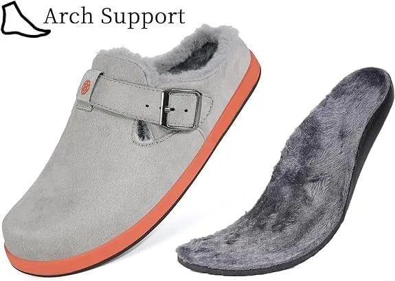 Fur Lined Clogs for Women Men | Suede Winter Slippers with Arch Support | Slip on Mules Potato Shoes with Removable Cushion Footbed | Warm Home House Shoes