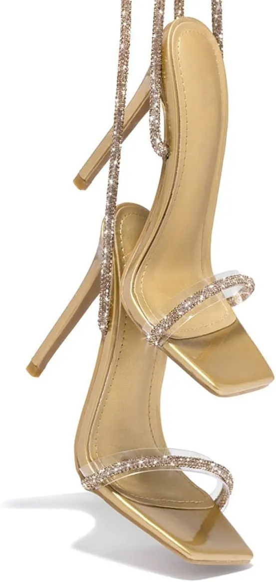 GATUXUS Sexy Women's Stilettos High Heel Gladiator Strappy Sandals Square Toe Lace Up Dressy Pumps Shoes