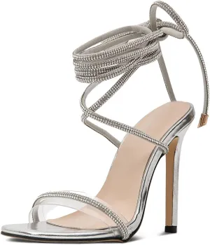 GATUXUS Sexy Women's Stilettos High Heel Gladiator Strappy Sandals Square Toe Lace Up Dressy Pumps Shoes