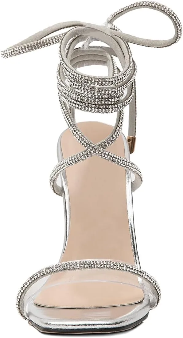 GATUXUS Sexy Women's Stilettos High Heel Gladiator Strappy Sandals Square Toe Lace Up Dressy Pumps Shoes